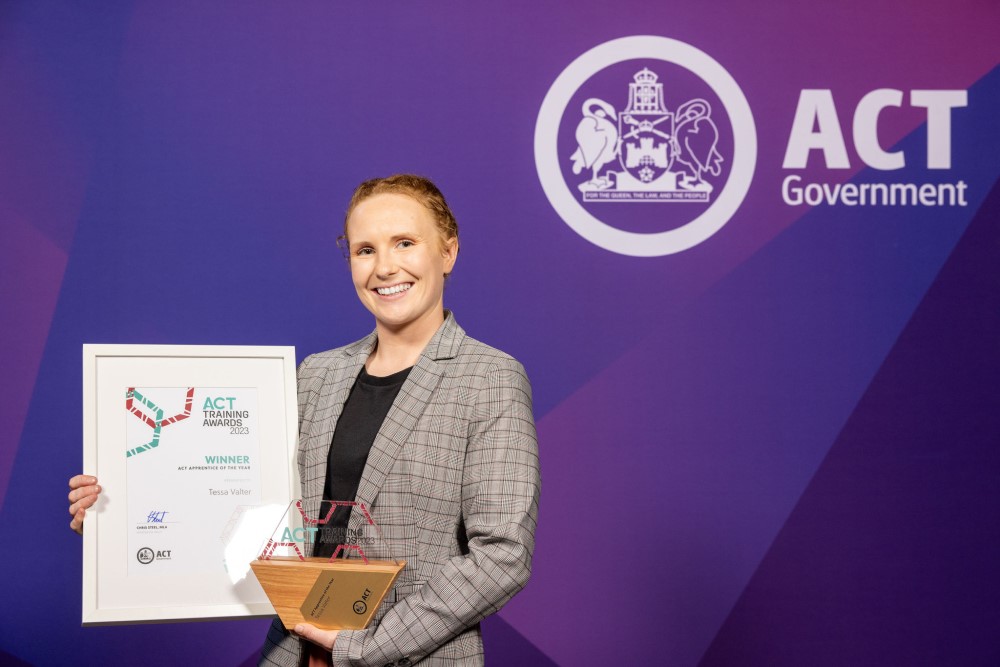 Tessa with her ACT Apprentice of the Year award. Photo credit: ACT Government.